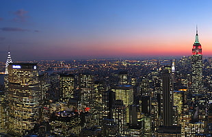 city buildings, New York City, sunset, lights, city lights HD wallpaper