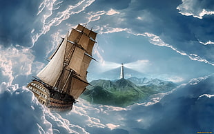 galleon ship illustration, sailing ship, sea, lighthouse, fantasy art