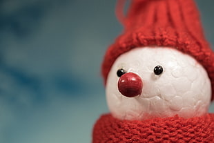 selective focus photography of Snowman polystyrene with red hat and scarf