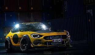 yellow and black racing coupe, yellow cars, car,  Nissan, night