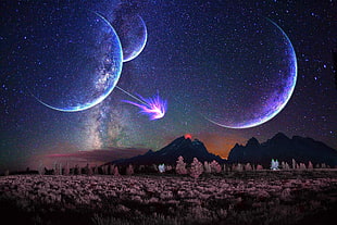 silhouette of mountain surrounded with trees overlooking falling star and planets illustration