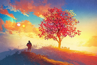 person standing tree during sunset
