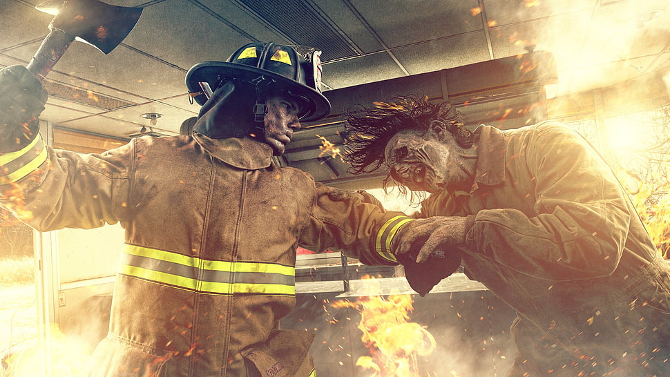 game application wallpaper, zombies, firefighers HD wallpaper