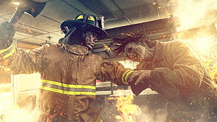 game application wallpaper, zombies, firefighers