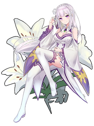 purple haired female anime character illustration, white background, cleavage, Emilia (Re: Zero), heels