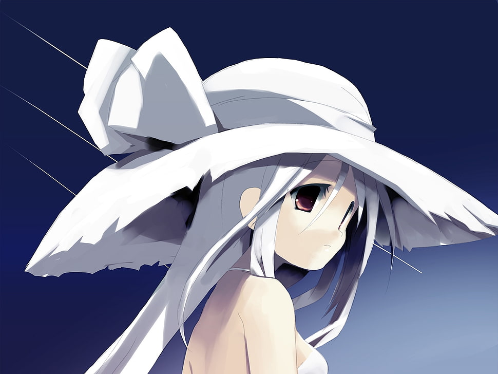 gray haired woman in white sun hat anime character HD wallpaper