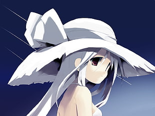 gray haired woman in white sun hat anime character