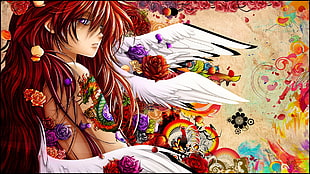 winged red haired woman anime character HD wallpaper