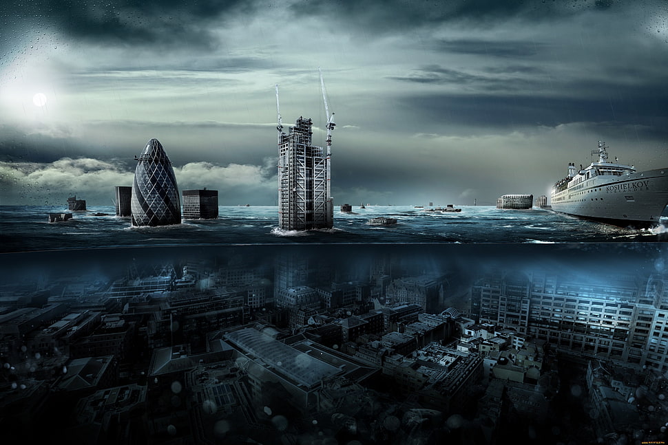 gray concrete building wallpaper, artwork, fantasy art, ship, split view HD wallpaper