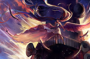 game digital wallpaper, ship, feathers, wings, dress