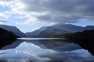 reflective photo of mountain surrounded with body of water