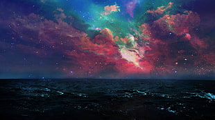 blue, white, and pink clouds and body of water, space, sea, night