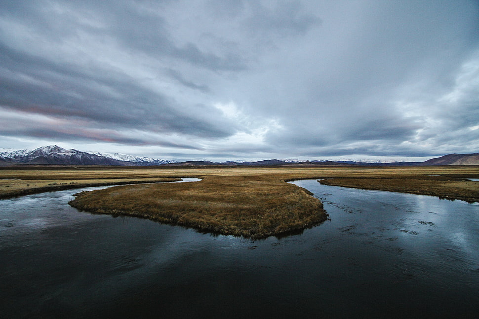 photo of river surrounded with brown grass field HD wallpaper