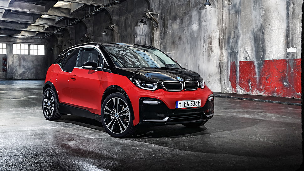 red and black BMW 3-door hatchback HD wallpaper