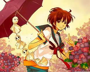 red haired female anime character holding red umbrella HD wallpaper