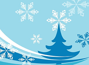 blue and white Christmas tree and snowflakes digital wallpaper