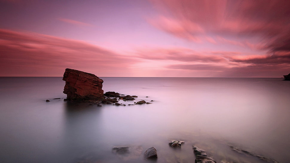 wide angle photo of brown rock, landscape, long exposure, sea, rock HD wallpaper