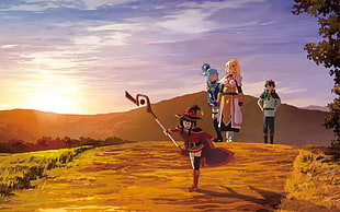 four anime characters walking in the road during golden hour HD wallpaper
