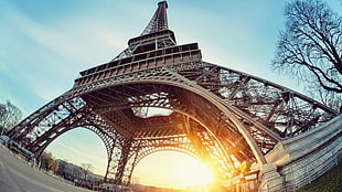 purple plastic storage tote, Eiffel Tower, Paris, France, sunset