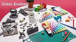 assorted-color desk decors, colorful, color codes, color correction, color wheel