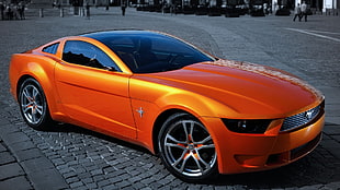 orange Ford Mustang coupe, car