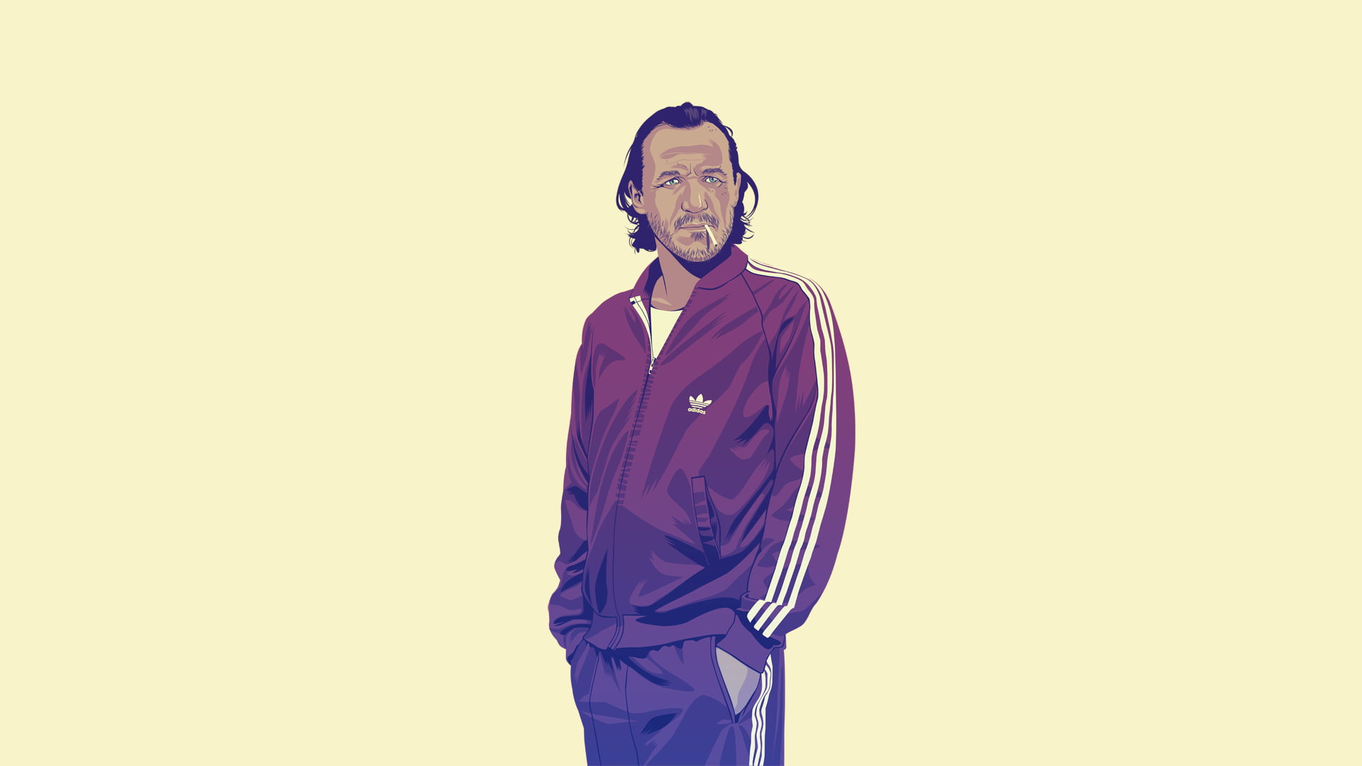 man in maroon Adidas full-zip jacket illustration