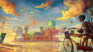 brown bicycle illustration, fantasy art, bicycle, anime, anime boys