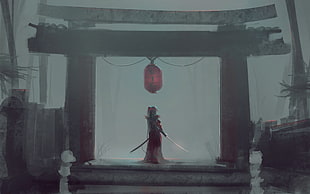 red torii illustration, Japan, temple, sword, lamp