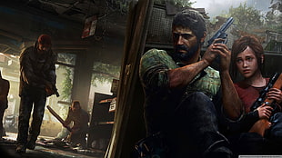 man and woman holding rifle hiding wallpaper, The Last of Us, video games