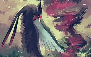 medium-beaked black, red, and white feathered bird painting