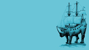 rhinoceros boat illustration, rhino, artwork, fantasy art, sailing ship