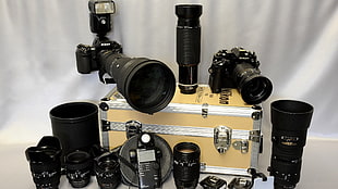 two black DSLR cameras, camera, Nikon, lens