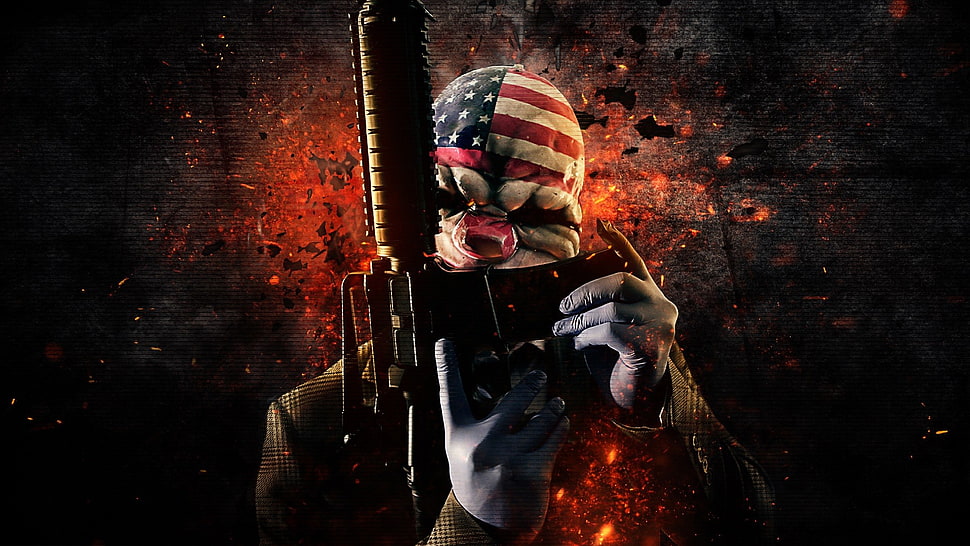clown character holding assault rifle, video games, gun, mask, Payday 2 HD wallpaper