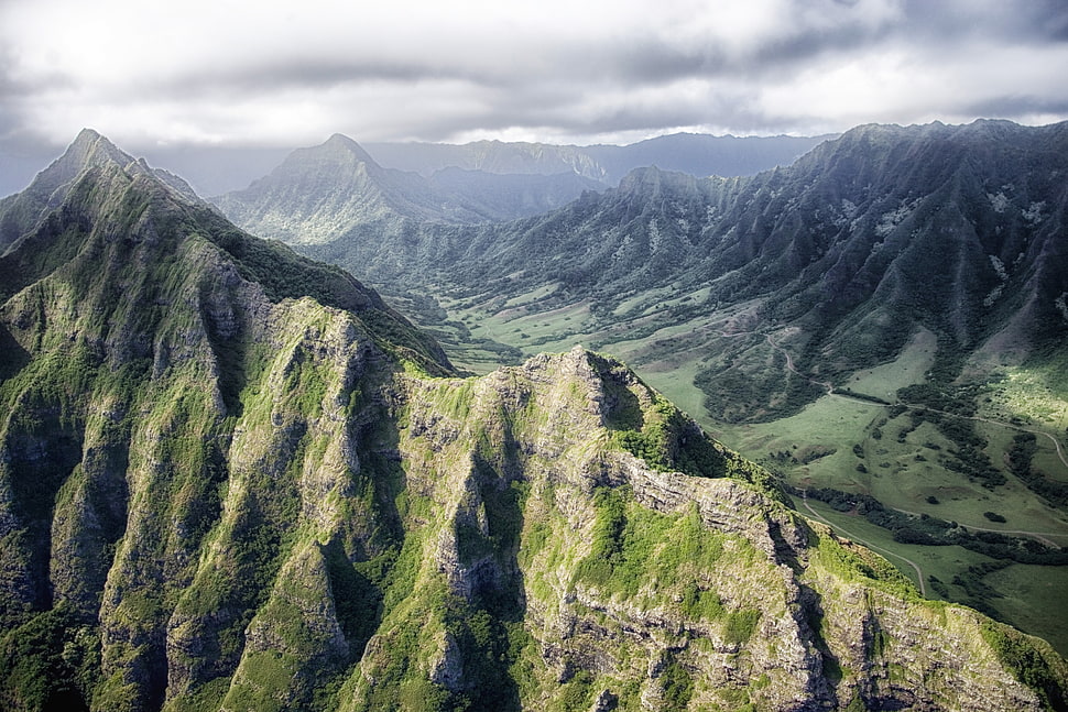 green and gray mountain aerial view during day time HD wallpaper