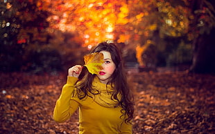 women's yellow long-sleeved shirt, women, seasons, women outdoors, leaves HD wallpaper