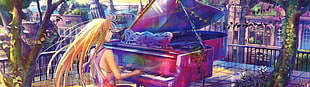 female anime character with blonde hair playing the grand piano illustration HD wallpaper