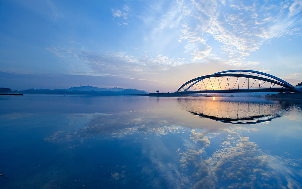 blue metal bridge, landscape, nature, bridge, reflection HD wallpaper