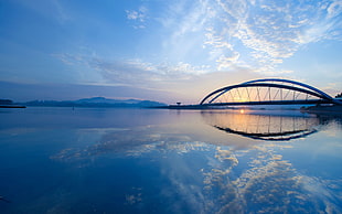 blue metal bridge, landscape, nature, bridge, reflection HD wallpaper