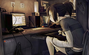 anime character sit on chair in front of computer