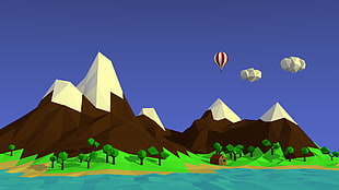 brown mountain illustration, low poly, landscape, mountains, hot air balloons