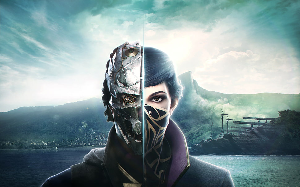 black haired woman and person wearing skull mask collage photo HD wallpaper