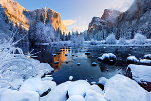 body of water, water, snow, trees, Yosemite National Park HD wallpaper