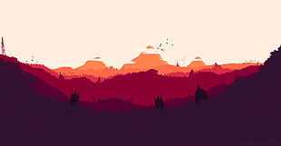 orange mountain range illustration, landscape, Firewatch, flying, mountains