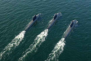 three gray submarines, submarine, vehicle, military