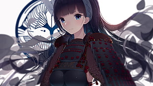 female animated character wallpaper, anime, samurai, blue eyes, dark hair