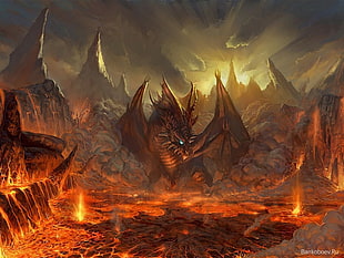 red dragon digital wallpaper, fire, Lineage II, video games, dragon