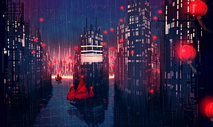 black city buildings wallpaper, sailing ship, building, rain, anime