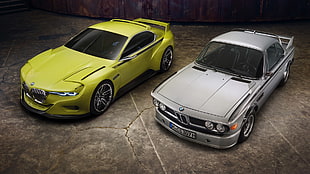 two silver and yellow BMW cars, BMW 3.0 CSL, car