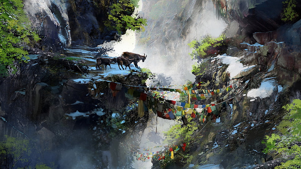 goats on mountain cliff with waterfall background painting, video games, artwork, Far Cry 4, concept art HD wallpaper