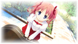 pink haired anime girl character wearing white and red long sleeve dress